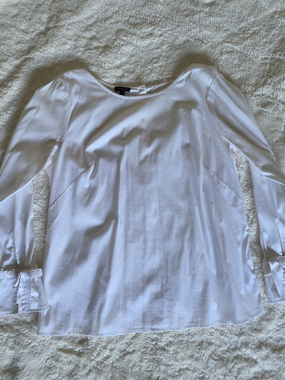 Talbots White Long-Sleeve Boatneck Loose Blouse Cotton Blend Top Tie Sleeve